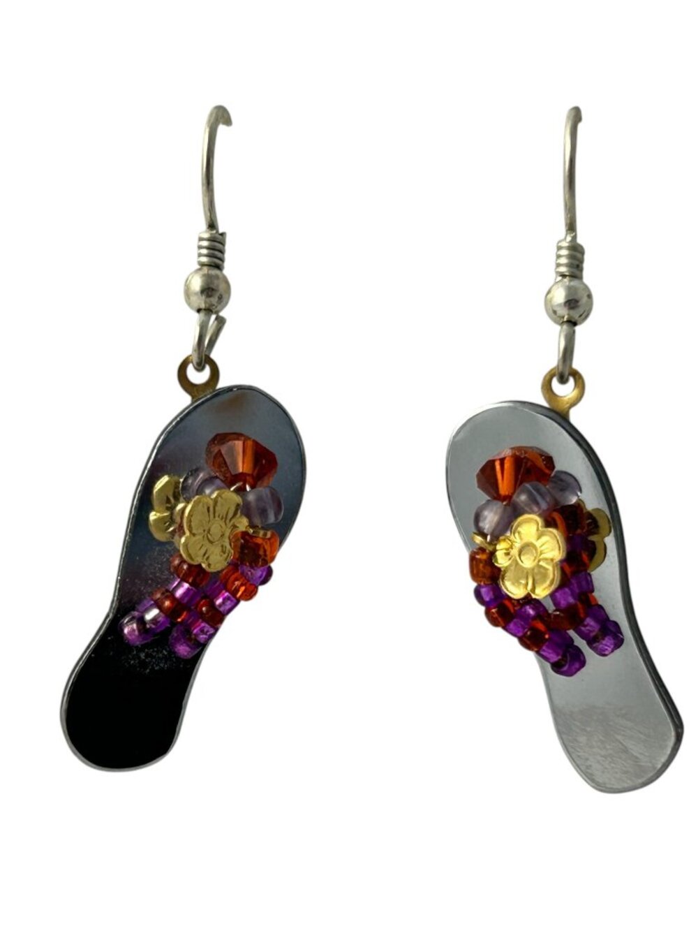 Liztech Flip Flop Earrings Artisan Beaded Dangle Pink Yellow Flower Summer